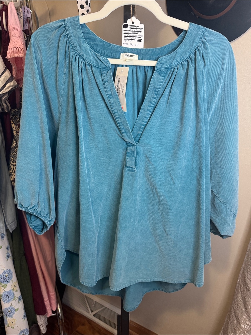 dylan Teal Washed Peasant Tunic Blouse